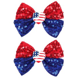 Kistreao 4th of July Bow Hair Clips Glitter Sequin Hair Barrettes with American Flag Heart Red Blue Bows Hair Pins Patriotic Hair Accessories for Women Girl Independence Day Parade Party Supplies 2Pcs