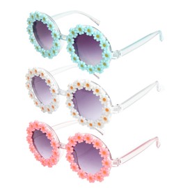 Jmkcoz 3 Packs Girls Round Daisy Sunglasses Flower Shaped Cute UV Protection Glasses for Toddler Kids Outdoor Beach Eyewear (White & Pink & Blue)