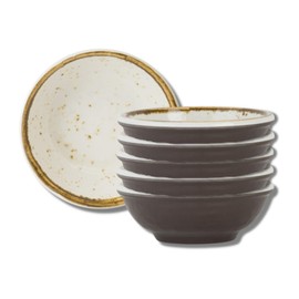 Creations Melamine Ramekin Small Bowls, Steelite Heavy Break Resistant Commercial Foodservice Restaurant, Craft, 4" Round, 1.3" Deep, 4 Oz., Brown Rim Rustic Speckled, Indoor Outdoor, 6 Set, Cream