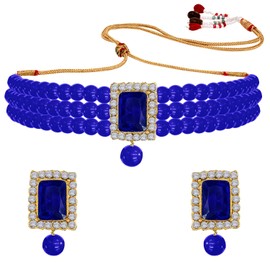 Aheli - Gargantilla con cuentas de cristal tradicional indio azul chapado en oro para mujer