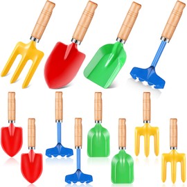 Motionchic 12 Pcs Kids Gardening Tools Metal Garden Tools Including Shovel, Rake, Fork and Trowel, Garden Beach Sand Tools with Wooden Handle Hoe for Children Gift Outdoor Beach Gardening