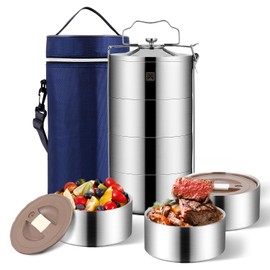 GOLDEN KEY 80oz Stainless Steel Stackbale Lunch Box for Adult, 4-Tier Food Container, Leak-Proof & Stackable Large Capacity Metal Bento Box with Lunch Bag, (80OZ, Silver)