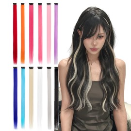 BUMMSEVEN Hair Extension, One-touch Mesh, 11 Colors, Set of 6, Single Color, Synthetic Hair, 21.7 inches (55 cm), Colorful, Straight, Heat Resistant, Natural