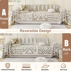 OstepDecor Boho Couch Cover, Khaki Sofa Covers Washable, Sectional Couch Covers for Sofa L Shape, Chenille Sofa Blanket Cover, Non-Slip Sofa Slipcovers for Dogs, Pets, 71" x 102"