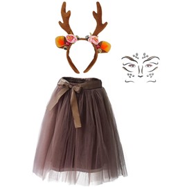 Reindeer Costume Women's Carnival Costume, Pack of 3 Reindeer Carnival Women's Costume, Deer Antlers Headband with Reindeer Ears, Tutu Skirt, Deer Face Tattoo Costume Accessory
