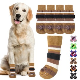 KOOLTAIL Anti Slip Dog Socks for Hardwood Floors to Prevent Licking Paws with Grippers, 2 Pairs Paw Protector, Double Sides Stripe Dog Shoes Toe Grips for Small Medium Large Senior Dogs SM