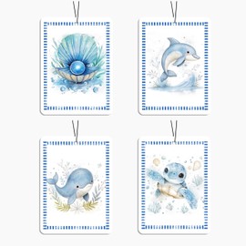 AgriFusion Tech Sea Creature Car Air Freshener 4 Pcs, Watercolor Dolphin Whale Turtle Shell Scented Hanging Decor for Women Kids, Vehicles Home Bathroom, Nautical Ocean Mirror Accessory Gift
