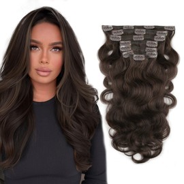 Sassina Body Wave Clip in Remy Human Hair Extensions Double Weft Clip ins Real Human Hair Dark Brown Wave Thick Invisible Hair Extensions Clip ins Black Women Full Head 7Pcs 120G 14 Inch