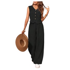 GORGLITTER Women's 2 Piece Co Ord Sets Button V Neck Sleeveless Blouse Long Pants Lounge Wear Casual Outfits Black Medium