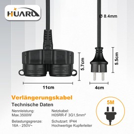 Verlängerungskabel Outdoor 5m mit 2 Schuko-Steckdosen, Gummi Doppel-Verlängerung 3500W mit Schutzkappe für den Außenbereich IP44, Stromkabel H05RR-F 3G1,5mm² mit Doppelsteckdose, 16A/250V, Schwarz
