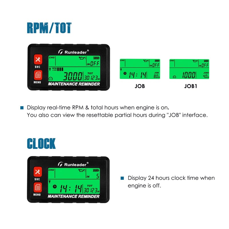 Runleader Digital Self Powered Hour Meter Tachometer,RPM Alert, Multiple Maintenance