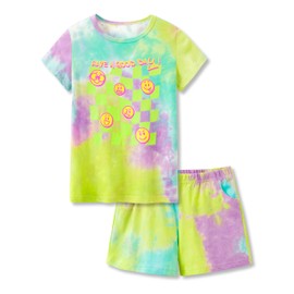 Beezizac Cotton Pajama for Girls Tie Dye Checker & Face Short Sleeve Set 2-Piece Cute PJ Sleepover Size 12