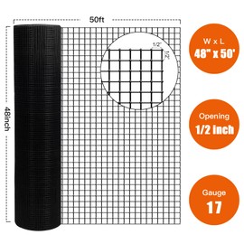 Zevemomo 48" x 50' 1/2inch PVC Hardware Cloth Vinyl Coated Chicken Wire Fence Galvanized Welded Mesh Roll for Home Garden Rabbit Cage, Black-PVC