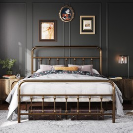 Topeakmart Queen Size Victorian Style Metal Bed Frame with Headboard/Mattress Foundation/No Box Spring Needed/Under Bed Storage/Strong Slat Support Bronze