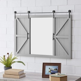 FirsTime & Co. Gray Hayloft Barn Door Wall Mirror, Large Vintage Decor for for Bedroom, Bathroom Vanity, Wood, Farmhouse, 36 x 26 inches, Grey