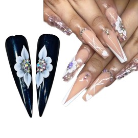 Set 8Pcs 3D White Long Sweet Season Poinettia (5 Petals) Flowers Nail Art Charms Handmade by Acrylic Powder Design for Women Girls (White-Long Size-8Pcs)