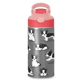 Boccsty Boston Terrier Dog Kids Water Bottle with Straw Lid Cute Puppy Insulated Stainless Steel Reusable Tumbler for Boys Girls Toddlers 12 oz Pink