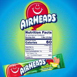 Airheads SOUR Candy Bars, Sour Watermelon Punch Flavored, Bulk, Concessions, Parties, Pack of 36 Bars