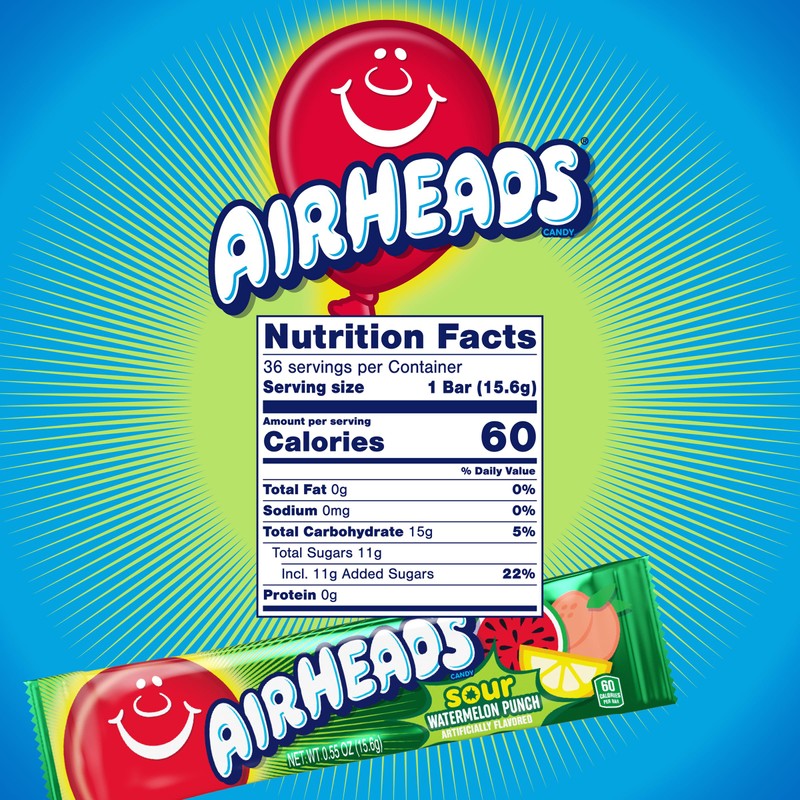 Airheads SOUR Candy Bars, Sour Watermelon Punch Flavored, Bulk, Concessions,