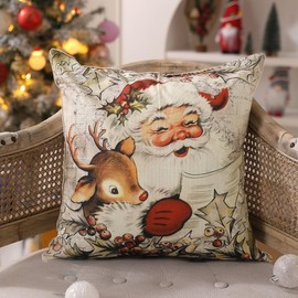 DFXSZ Christmas Pillow Covers 18x18 inch Set of 4 Santa Claus Reindeer Decorative Vintage Throw Pillow Covers Winter Retro Farmhouse Decoration for Home Couch BTHZ-140B18