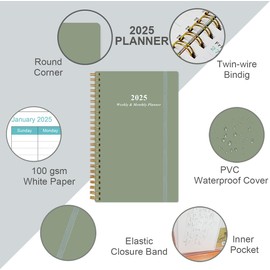 2025 Pocket Planner/Calendar - 2025 Planner from January 2025 - December 2025, Planner 2025 with 12 Tabs, Twin-Wire Binding, Inner Pocket, 3.75" x 6.75", Green