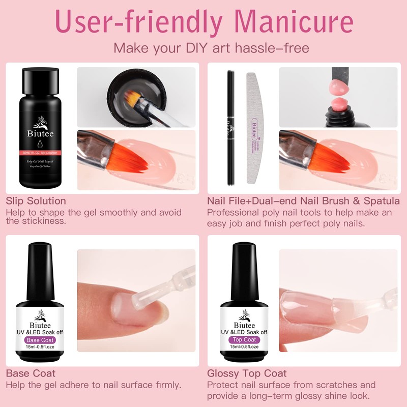 Biutee 6-Piece Gel Nail Set, Polygel, UV/LED Compatible, Length Tip,