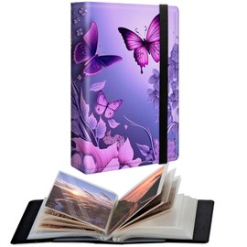 CGFGHHUY Small Photo Album 5x7 inch Photo Albums with 120 Photos Transparent Inner Pockets and Elastic Band Design Cute Photo Albums for Family Anniversary Wedding - Pink Flowers Purple Butterflies