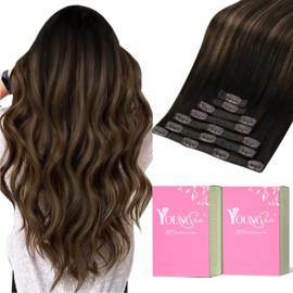 YoungSee Clip in Hair Extensions Brown Balayage Remy Hair Extensions Clip in Dark Brown Mix Medium Brown Highlights Brown Balayage Clip in Hair Extensions Human Hair for Short Hair80G 7Pcs 12Inch