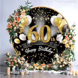 DORCEV 6.5x6.5ft Polyester Happy 60th Birthday Round Backdrop Cover Gold Balloons Luxurious Sequins Background for Photography Men Father 60th Birthday Party Decor Adults Photo Portrait Supplies Props