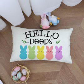 Ogiselestyle Hello Peeps Bunny Throw Pillow Cover, 12 x 20 Inch Happy Easter Rabbit Spring Cushion Case Decoration for Sofa Couch
