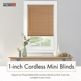 PowerSellerUSA 1" Slats Cordless Window Blinds, 64L x 36W Inches Solid Pattern Light Filtering Vinyl Indoor-Outside Ceiling Mount Mini Blind, Manual Cordless Rollup Window Privacy Blinds, Woodtone