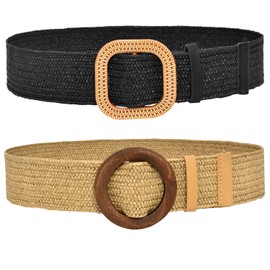 DUOXIN Pack of 2 Women's Braided Waist Belt, Straw Woven Elastic Stretch Waist Belt, Fashion Bohemian Dress Band, Rattan Wood Buckle Belt for Dress, Shirt, Black and brown