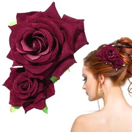 Neptniopllab Red Rose Flower Hair Clip, Fabric Rose Brooch Floral Clips for Women Girl Wedding, Party, Anniversary, Birthday Party Favor Accessories (Wine red)