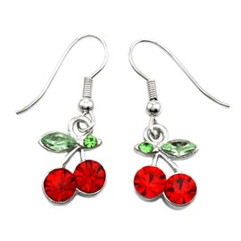 Green Leaf Red Fruit Cherry Dangle Earrings Red Green Rhinestones Fashion Jewelry