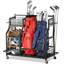 BeGuo Golf Bag Storage Garage Organizer,Golf Accessories Rack,Golf Storage Stand Fit for 2 Golf Bag and Golf Clubs&Golf Balls,Sports Equipment Organizer as Fishing bags, Tennis Rackets, Skateboard