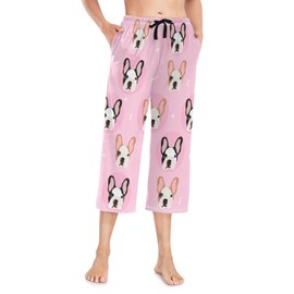 Fustylead Cute French Bulldogs and Paw Bone on A Pink Background Womens Capri Pajama Pants Sleep Bottoms with Pockets S