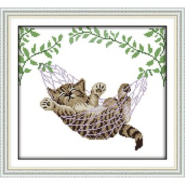 Abillyn Embroidery Cross Stitch Kits Cat on Hanging Basket Stamped with Printed Pattern Starter Kit (Kitten)