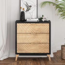 LONYKE Fully-Assembled 3-Drawer Farmhouse Dresser with Handcrafted Wood Ring Motif, Black Nightstand for Bedroom, Morden Rustic