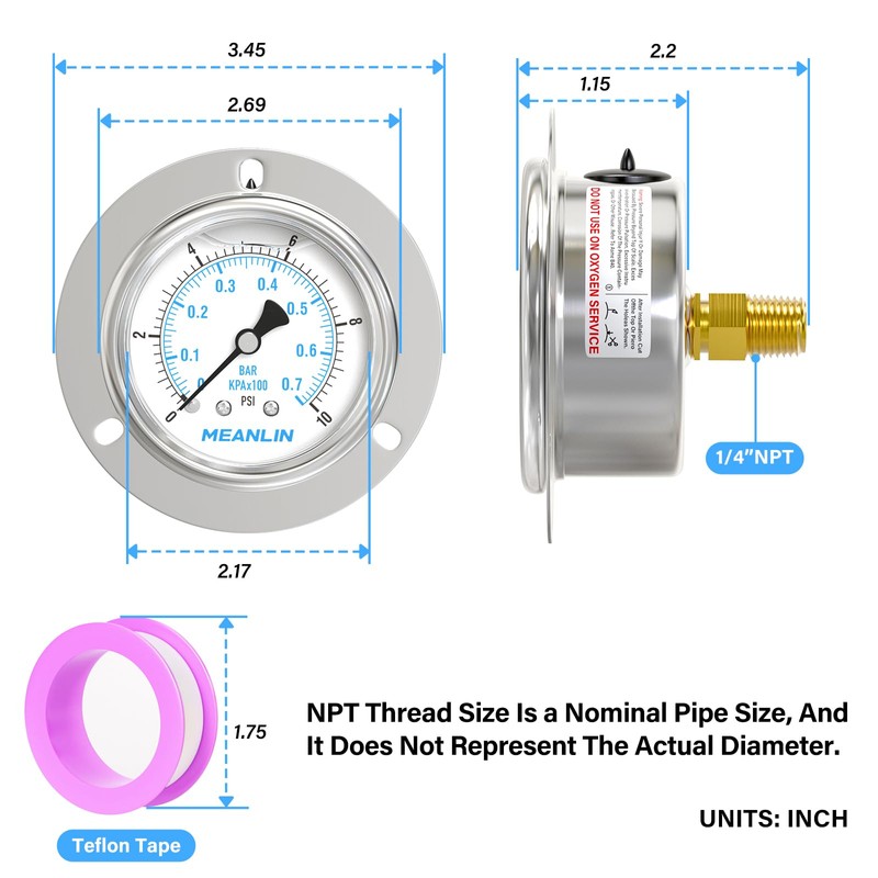 MEANLIN MEASURE 0~10Psi Liquid Filled Pressure Gauge Front Flange Panel