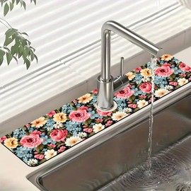 Colorful Flowers Sink Faucet Absorbing Mat Vintage Floral Super Absorbent Fast Drying Mat Sink Gadgets Behind Faucet Sinkmat for Kitchen Bathroom, 23.5"x5.5"