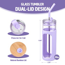 kytffu Glass Cups With Lids and Straws, 24oz Glass Tumbler, Iced Coffee Cup, Leak-proof Lid and Straw, Smoothie Cup with Bamboo Lid and On the Go Lid, Drinking Glass Cup for Home, Outdoor (Purple)