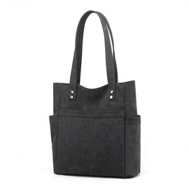 Women's Canvas Shoulder Bags Hobo Purse Retro Multi Pocket Handbags Shopper Work Bag Black
