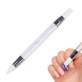 Double Tip Silicone Nail Art Pen - Reusable Chrome Powder Applicator with Crystal Beads Handle for Rhinestone Picking, Gel Carving and Home/Salon Manicure