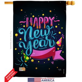 Breeze Decor New Year Popping Happy House Flag Set Winter Clock Countdown Champagne Party Fireworks Celebrate Small Decorative Gift Yard Banner Double-Sided Made in USA 28 X 40