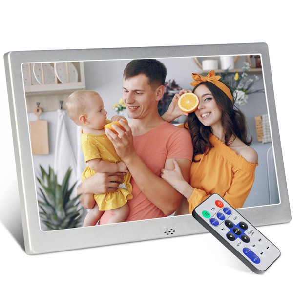 Digital Photo Frame 10 Inches, Electronic Picture Frame Calendar/Clock Function/Music/Photo/Video Player with Remote Control, Supports USB/SD Card (Silver)