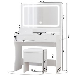 LIKIMIO Vanity Desk with LED Lighted Mirror & Power Outlet & 4 Drawers, Makeup Table Set with Storage Stool and Hair Dryer Stand, White