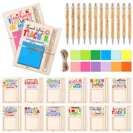 24 Set Teacher Appreciation Gifts Bulk Sticky Notes with Ballpoint Pens and Wooden Pad Holder, Appreciation Sticky Note Organizer Thank You Gifts for Teacher Coworker Nurse Office Supplies