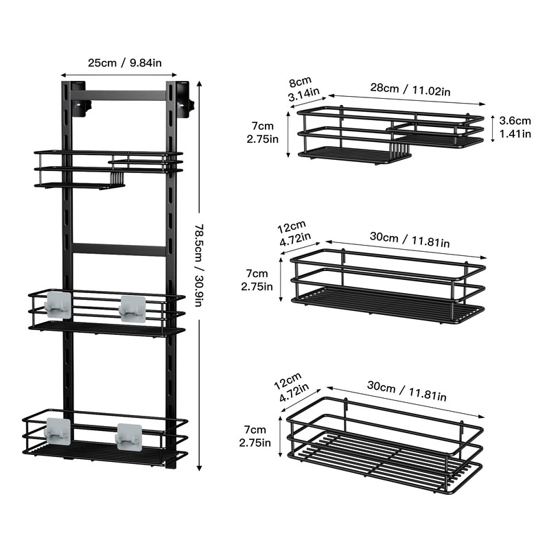 Orimade Over The Door Shower Caddy Adjustable 3 Tier Black,Bathroom