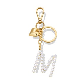 INNERDIVA Pearl Letter Keychain for Women Golden Keychain with Golden Heart and Letter M Pendant for Bags Purses Accessories Gift Car Keys