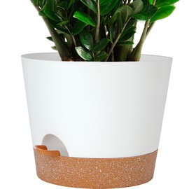 SwinDuck 12inch Large Self Watering Plant Pot, Plastic Cylinder Planter with 60Oz Deep Reservoir and Saucer for Indoor Outdoor Plants Flowers Houseplants, White with Brown